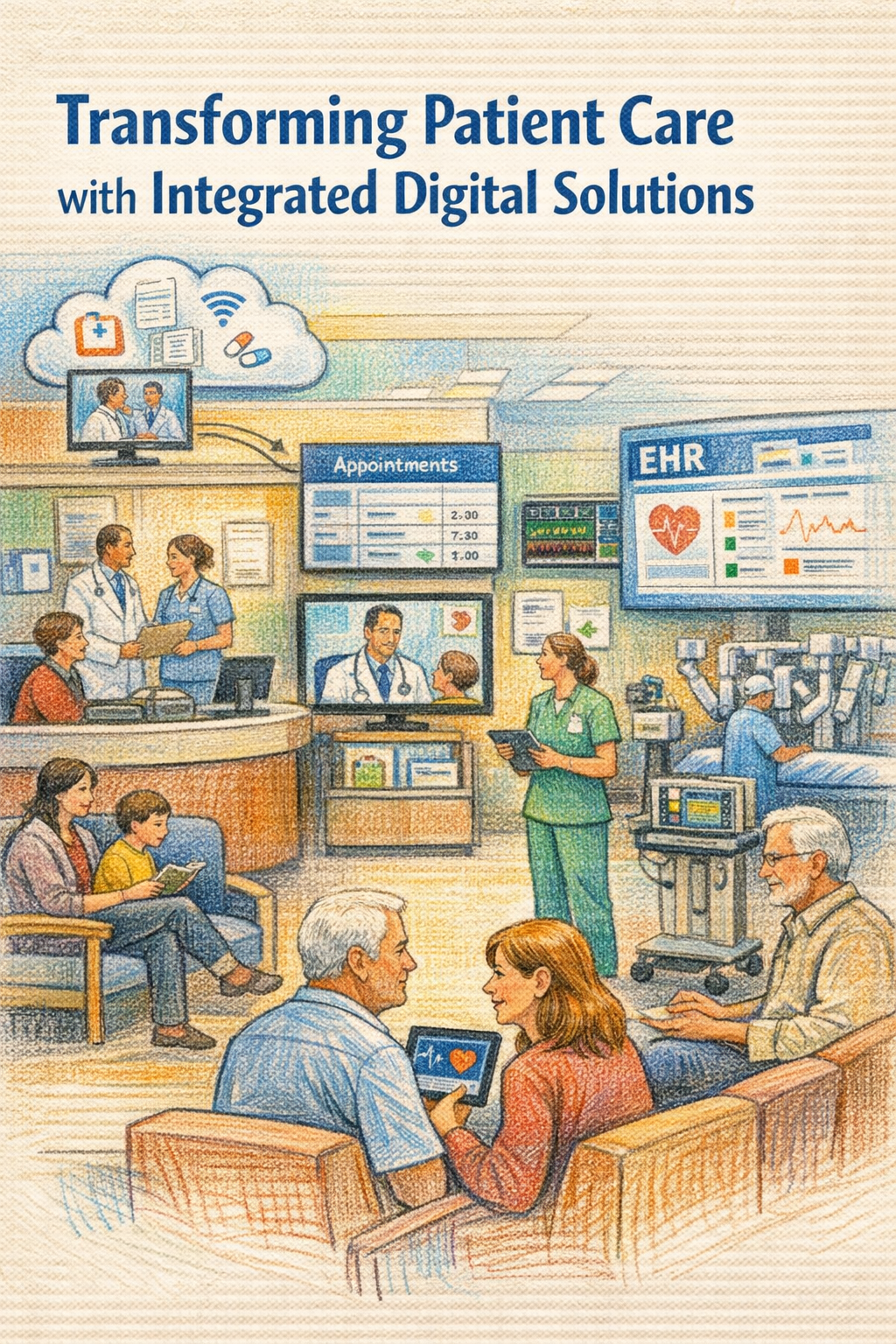 Illustrated ambulatory clinic with connected EMR screens and patient care workflow