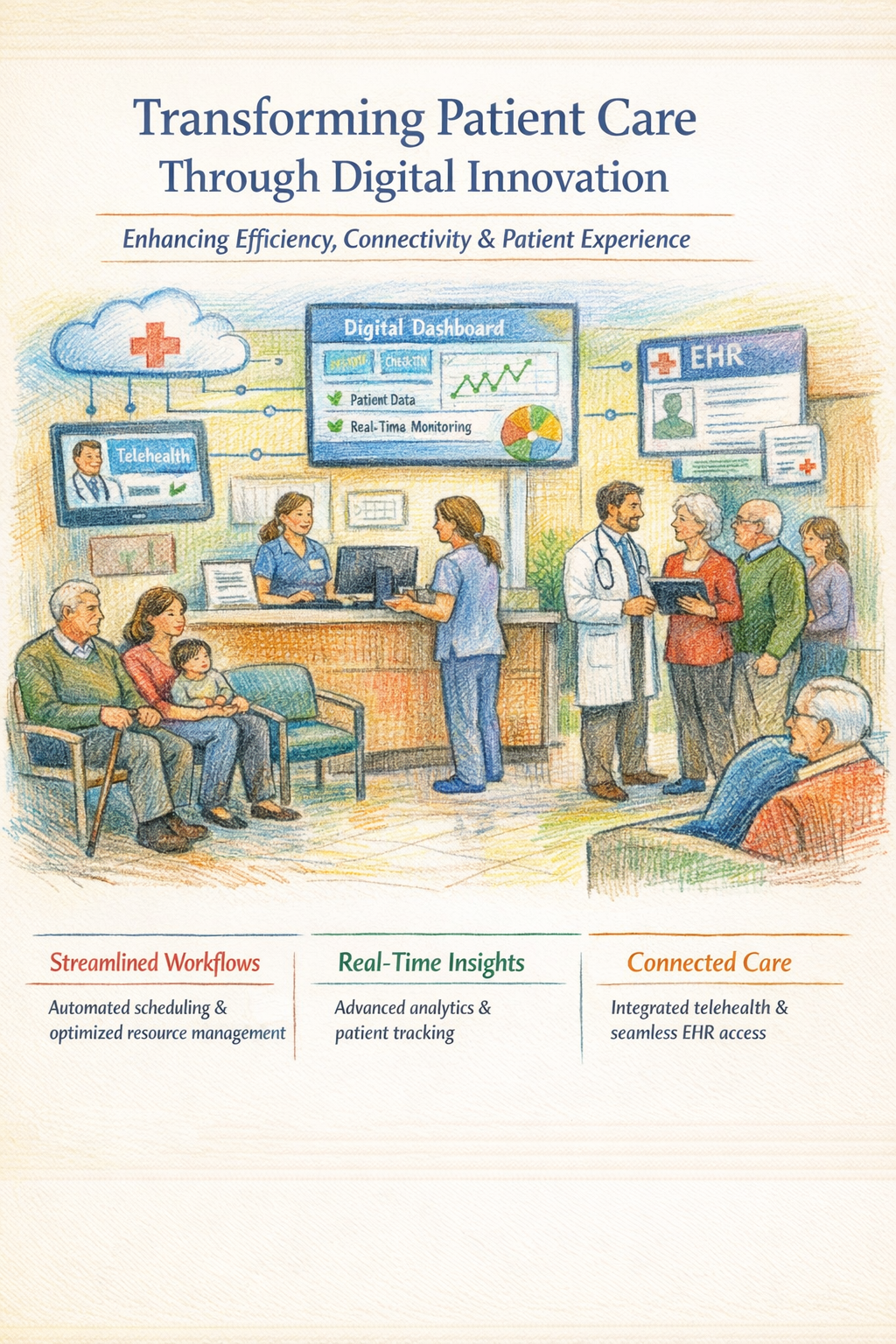 Clinical operations hub with EMR, dashboard, and connected care teams